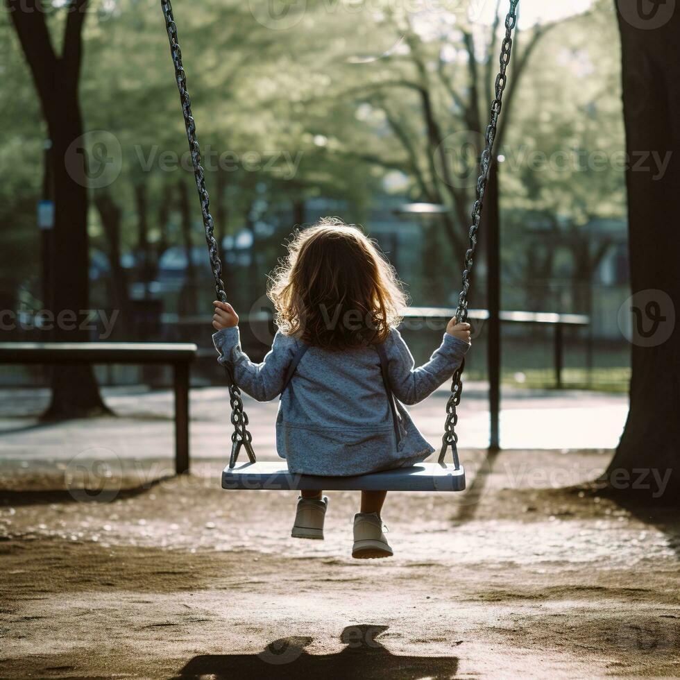 en liten flicka Sammanträde på en gunga i en parkera ai generativ foto