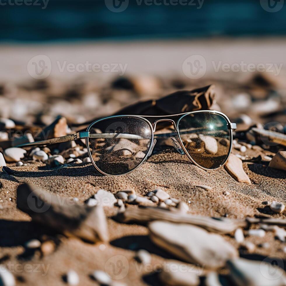 en par av solglasögon Sammanträde på topp av en sandig strand foto