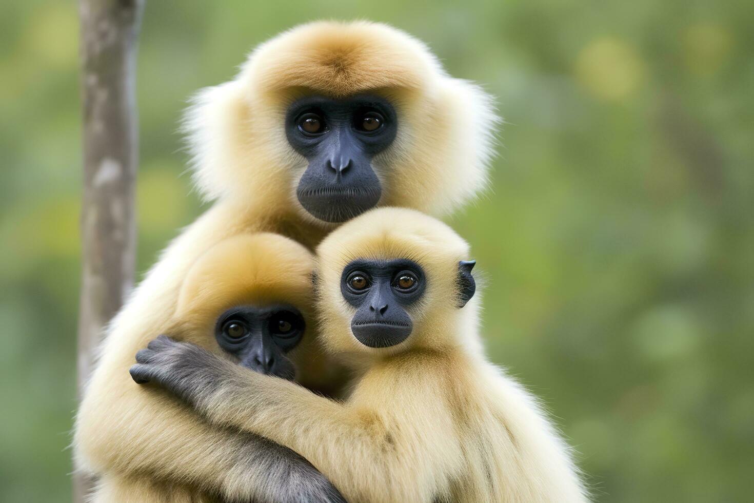 stänga bild av kindat gibbon apa mor med en barn i de skog. generativ ai foto