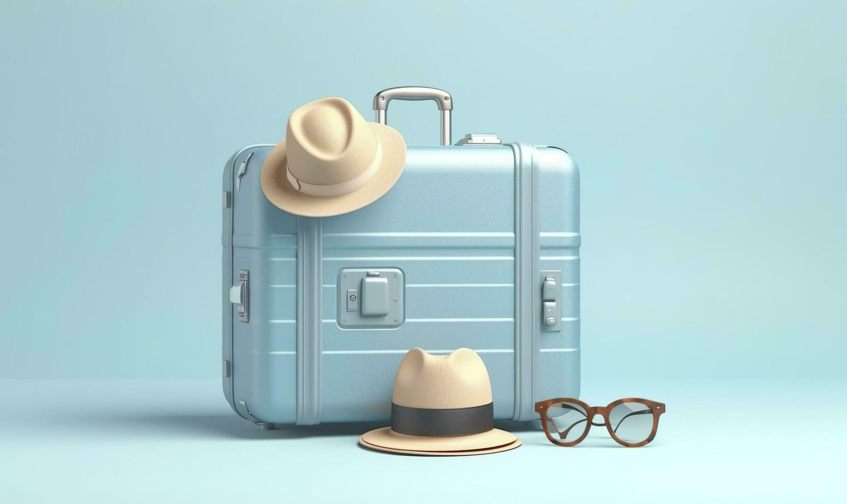 blå resväska med solglasögon på en pastell blå bakgrund. resa begrepp. generativ ai foto