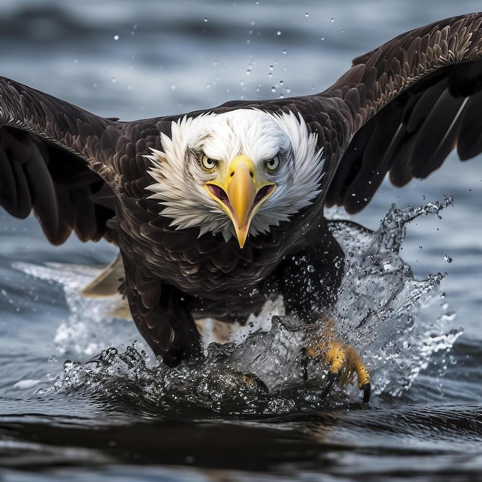 fiske skallig Örn, en skallig Örn vänd kamera fångster en fisk ut av de vatten, i de stil av nationell geografisk tävling vinnare, super tele stänga upp. ai generativ foto