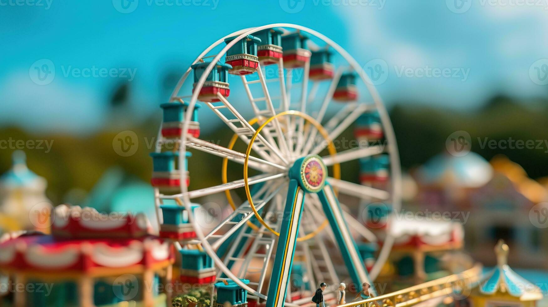 ai generativ en miniatyr- ferris hjul med en blå himmel i de bakgrund foto