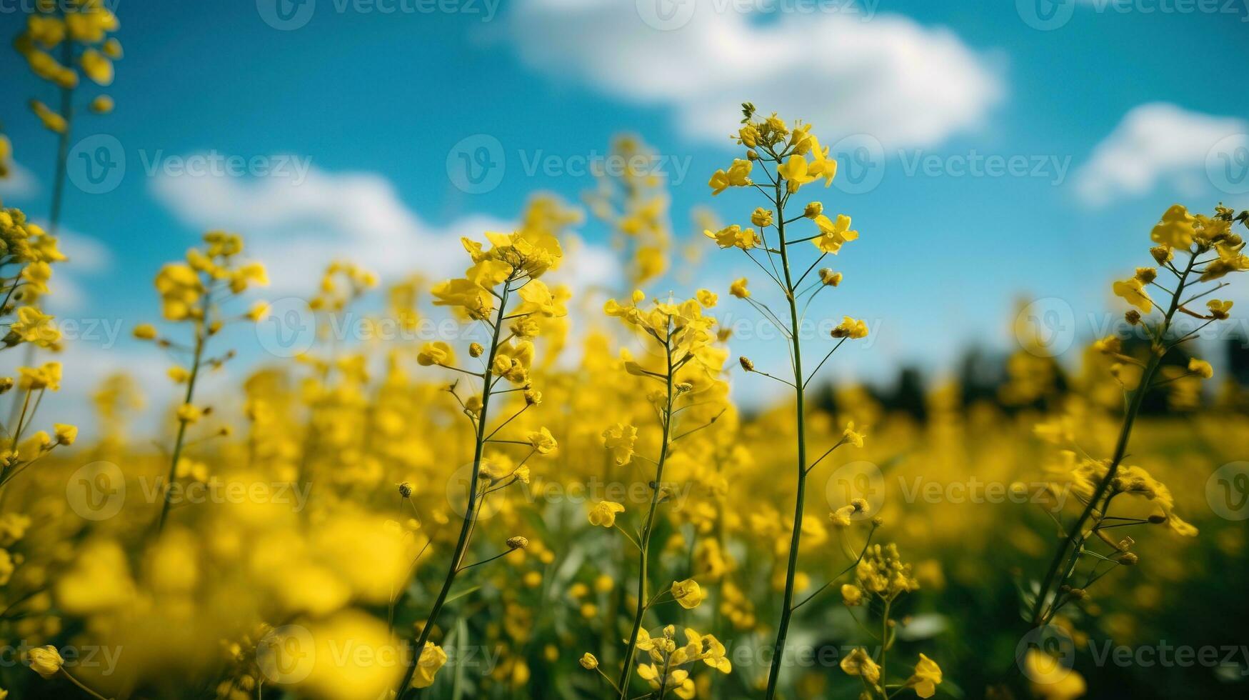 en fält av gul blommor med en blå himmel i de bakgrund foto