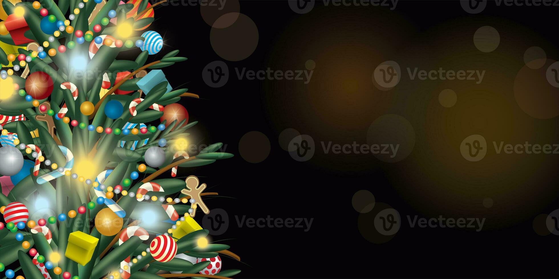 dekorerad jul träd på suddig bakgrund illustration. glad jul och Lycklig ny år hälsning kort mall ha tom Plats. foto