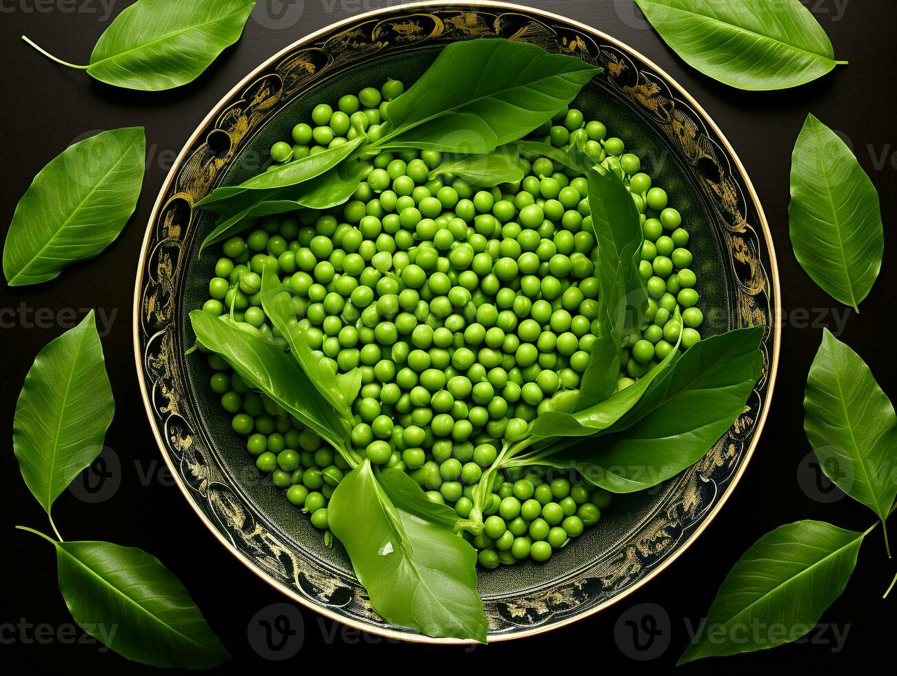 en skål med en grön ärtor och löv från en vit tabell, värld mat dag bilder foto