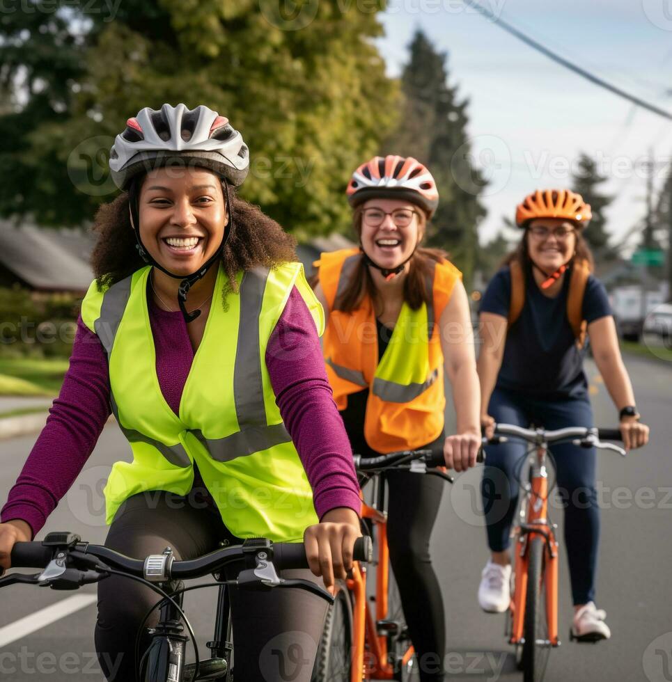 en grupp av vänner är ridning deras Cyklar ner en gata på deras sätt till en återvinning Centrum, natur stock Foto