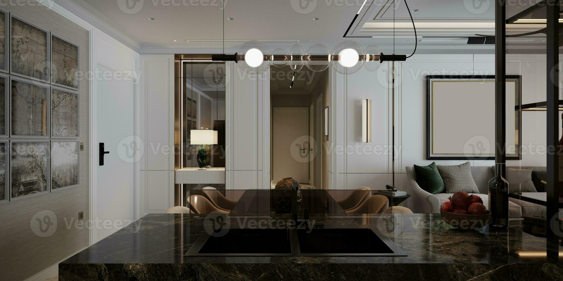 kök och modern interiör design med möbel och eleganta svart kakel, vägg måla 3d tolkning foto
