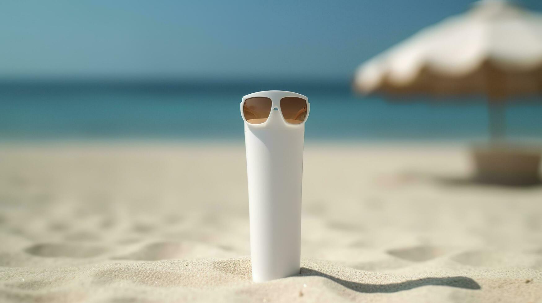 tom tömma vit plast rör. Solskydd lotion på en sandig strand, sommar sammansättning med solglasögon, blå hav som bakgrund, kopia Plats. sommar semester och hud vård begrepp, ai generativ foto