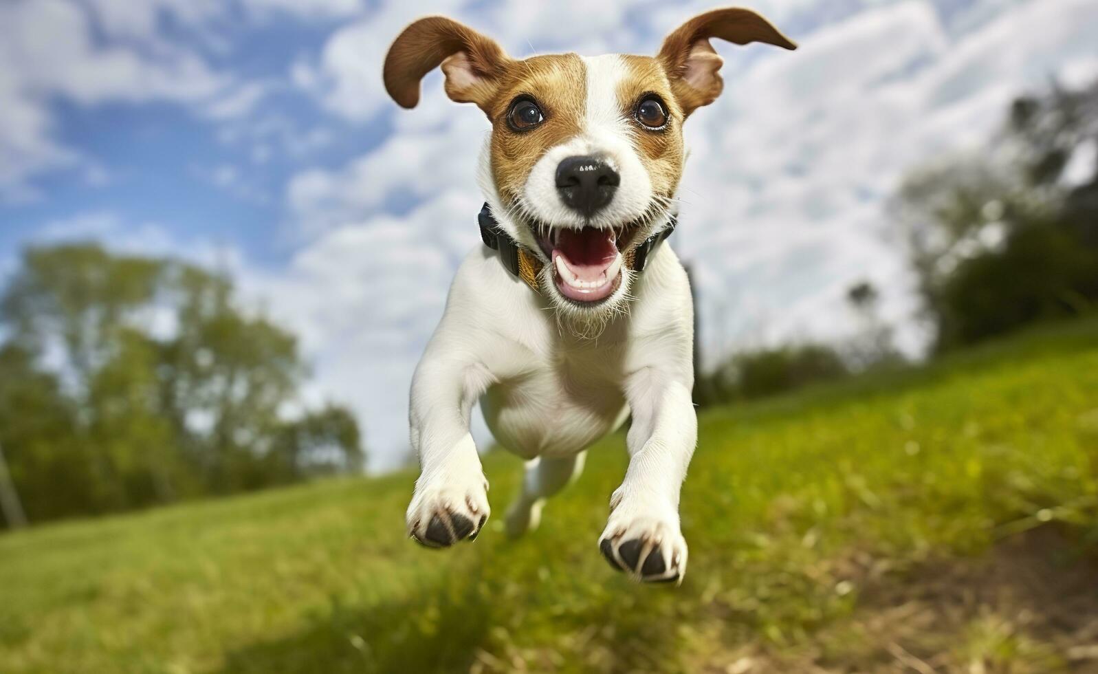 domkraft russel präst hund springa mot de kamera låg vinkel hög hastighet skott. ai genererad foto