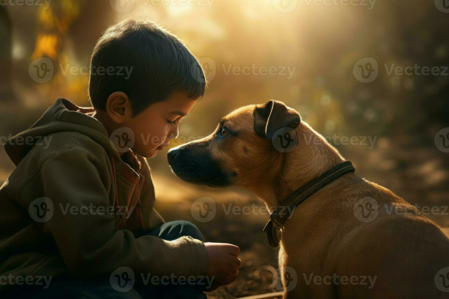 barn hund vänner utomhus. generera ai foto