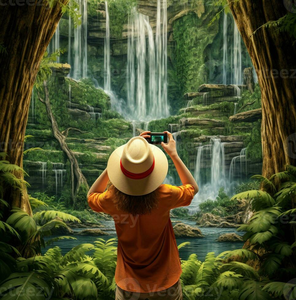 kvinna i hatt tar bilder av vattenfall i de skog, reslust resa stock bilder, resa stock foton reslust