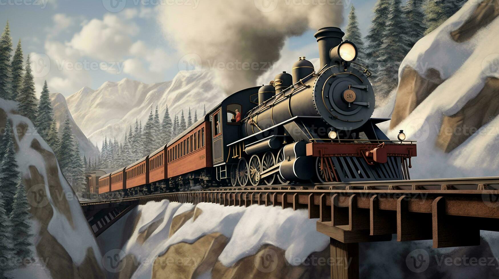 en ånga lokomotiv korsning en snö täckt bro i de berg, industriell maskineri stock foton
