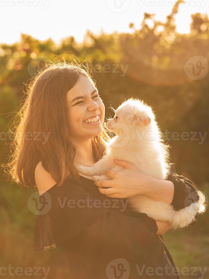 innehåll fluffig valp. flicka och pomeranian valp. tonårsflicka med en hundras spitz gläder sig. foto