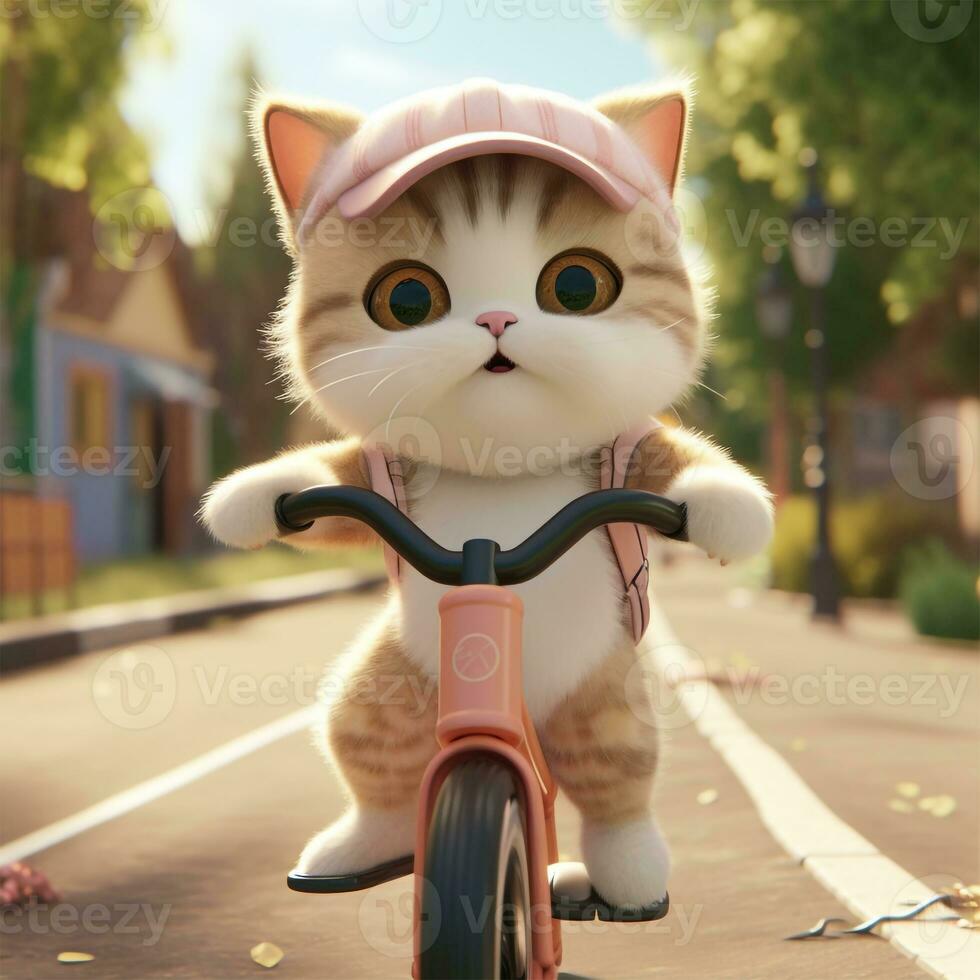 färgrik katt ridning en cykel körning animering illustration och skön bakgrund foto