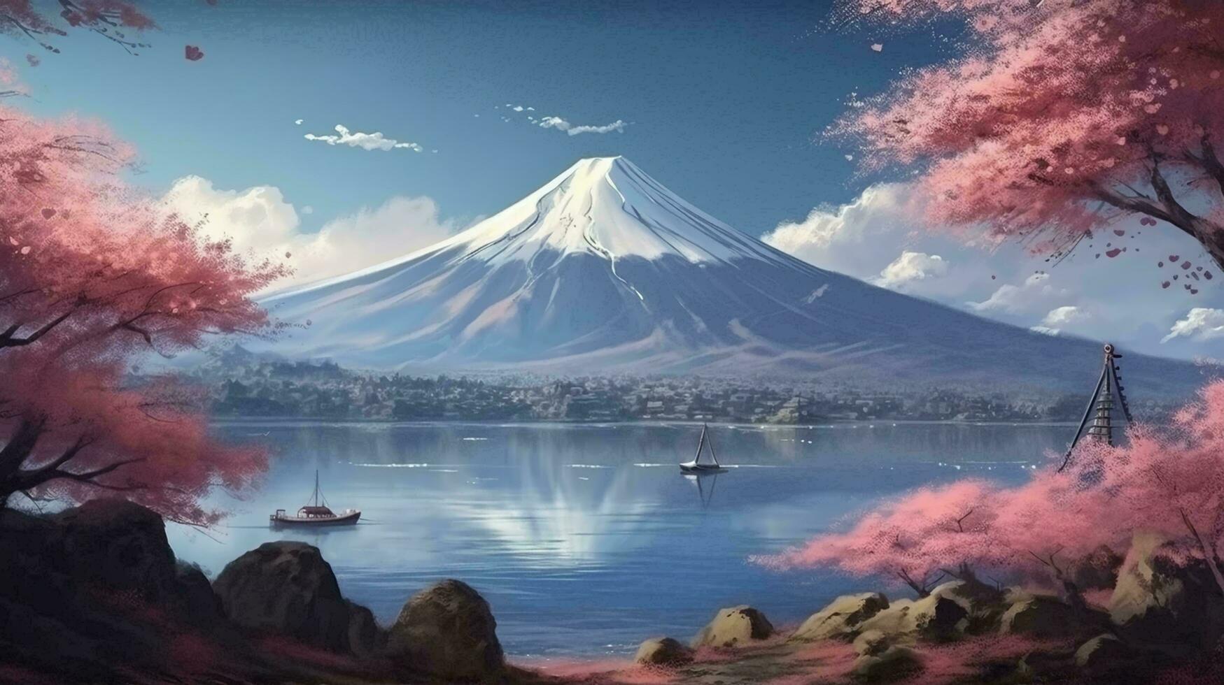 en stor berg med en snö keps på de topp i japan med körsbär blommar i de bakgrund av en cystisk sjö landskap. ai genererad foto