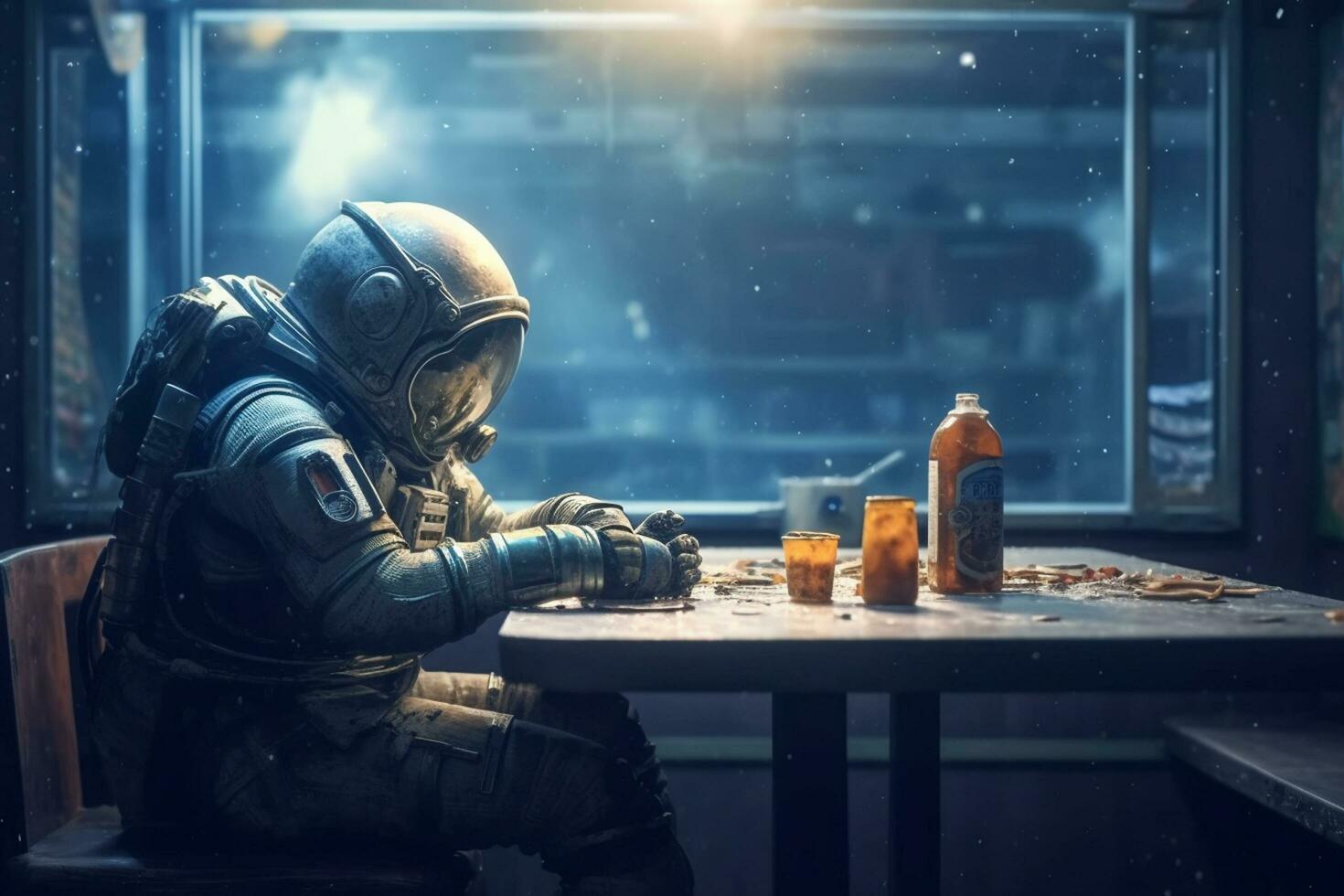 astronaut i en gas mask sitter på de tabell med en flaska av medicin. ai generativ foto