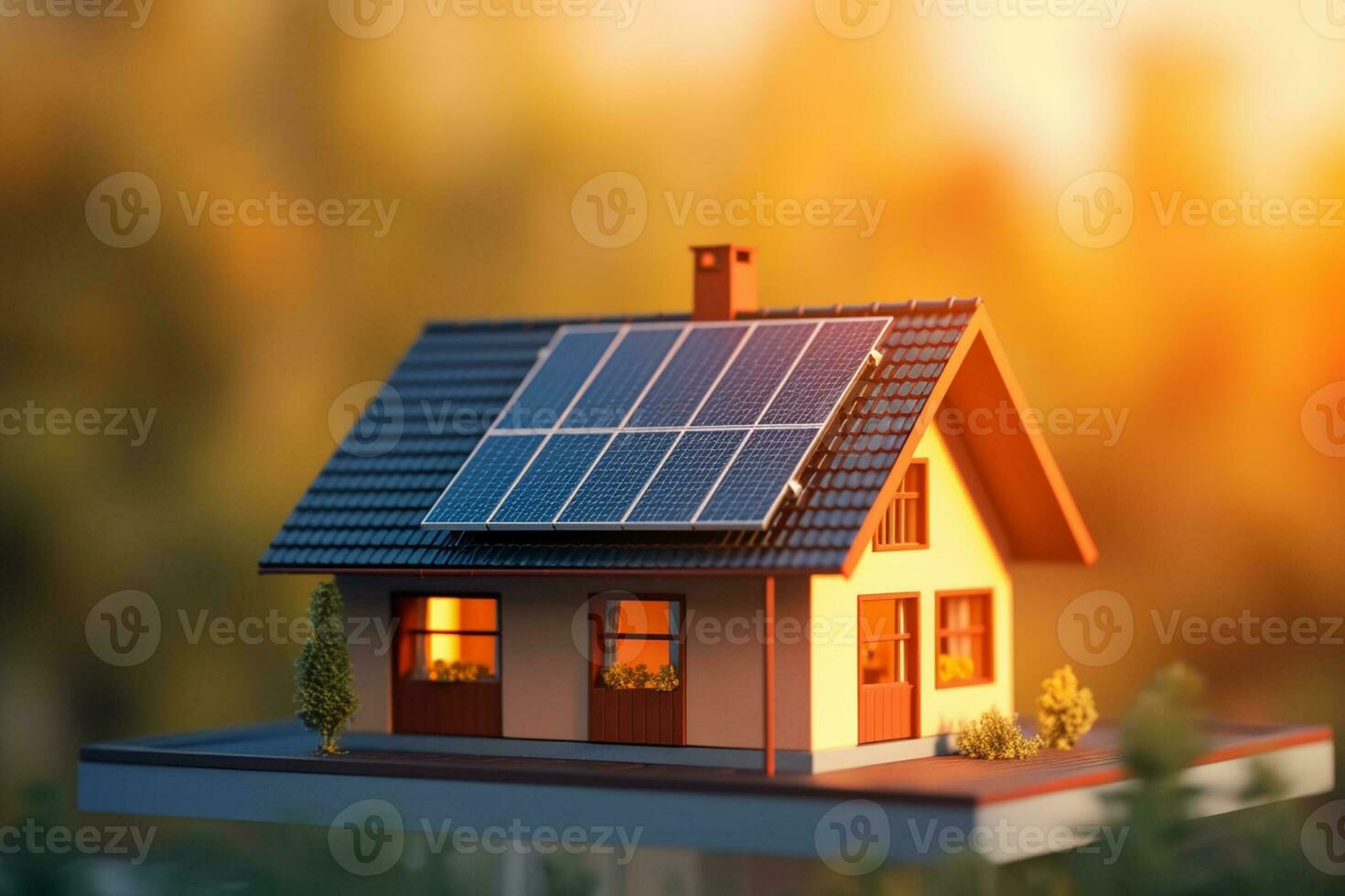 hus med sol- paneler på de tak. alternativ energi källa. 3d illustration. ai genererad foto