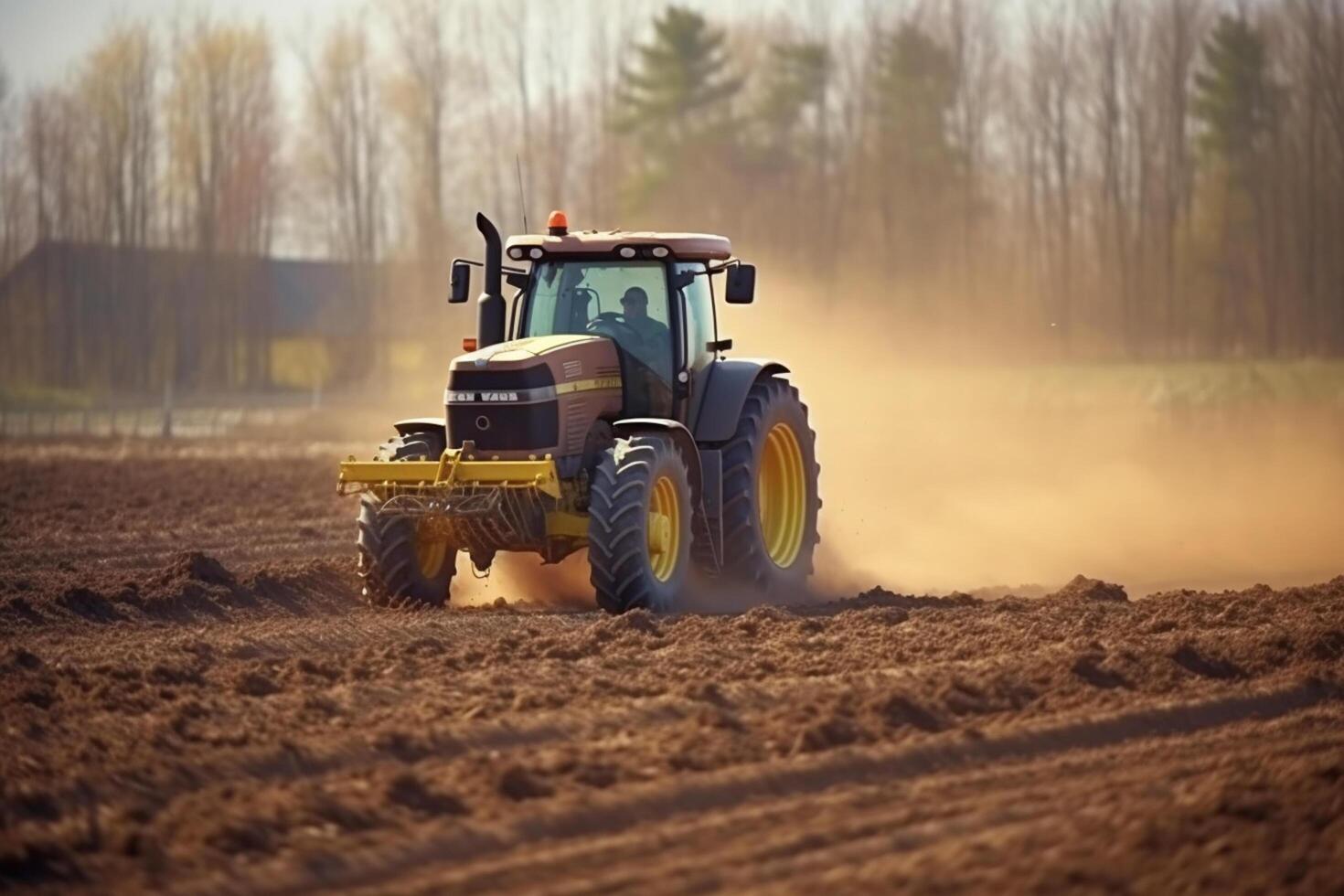 jordbrukare i traktor framställning landa med såbädd kultivator på vår generativ ai foto