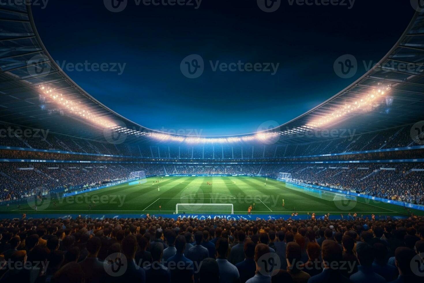 digital fotboll eller fotboll stadion på natt med folkmassan av fans. 3d tolkning ai genererad foto