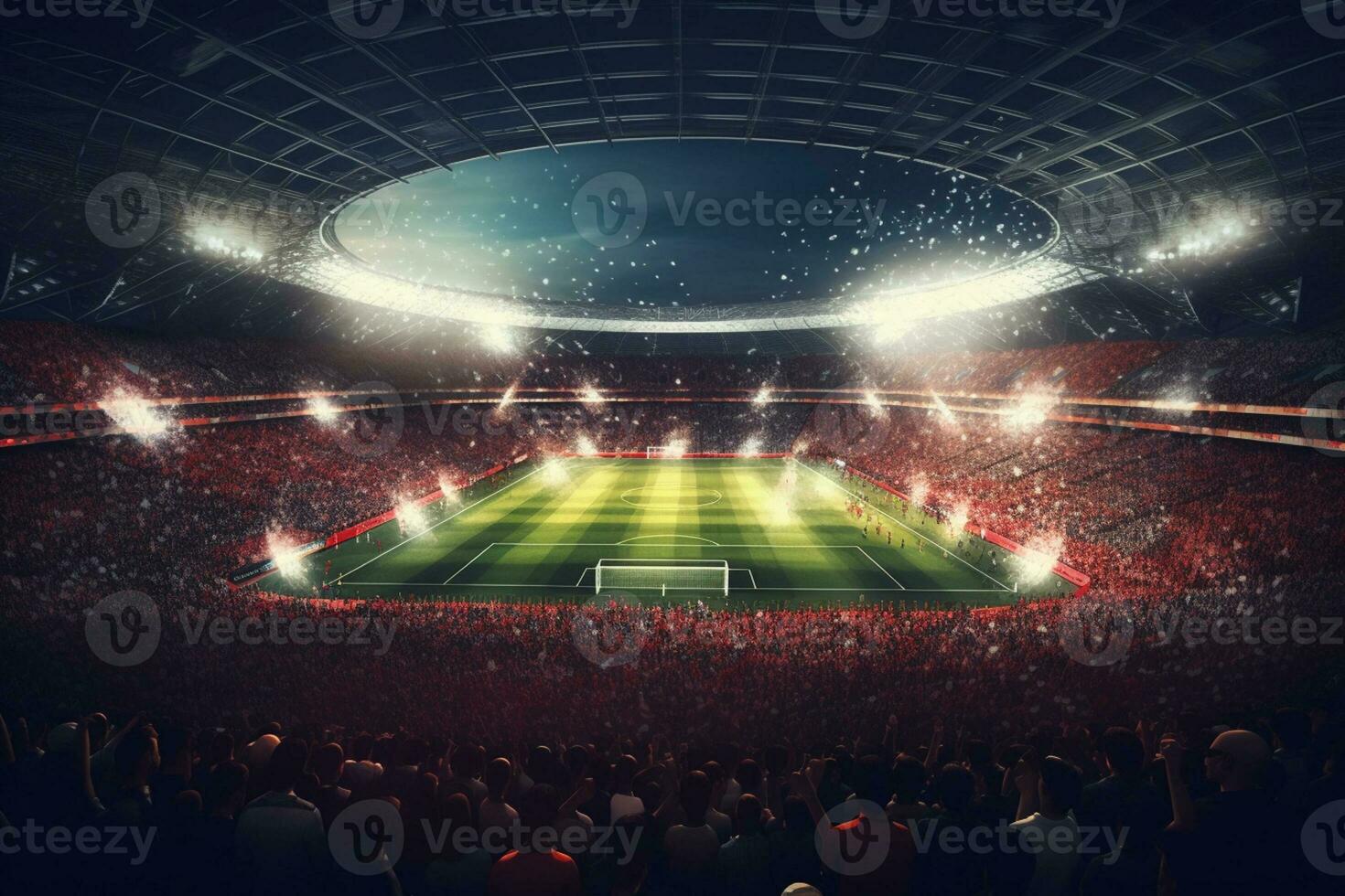 digital fotboll eller fotboll stadion på natt med folkmassan av fans. 3d tolkning ai genererad foto