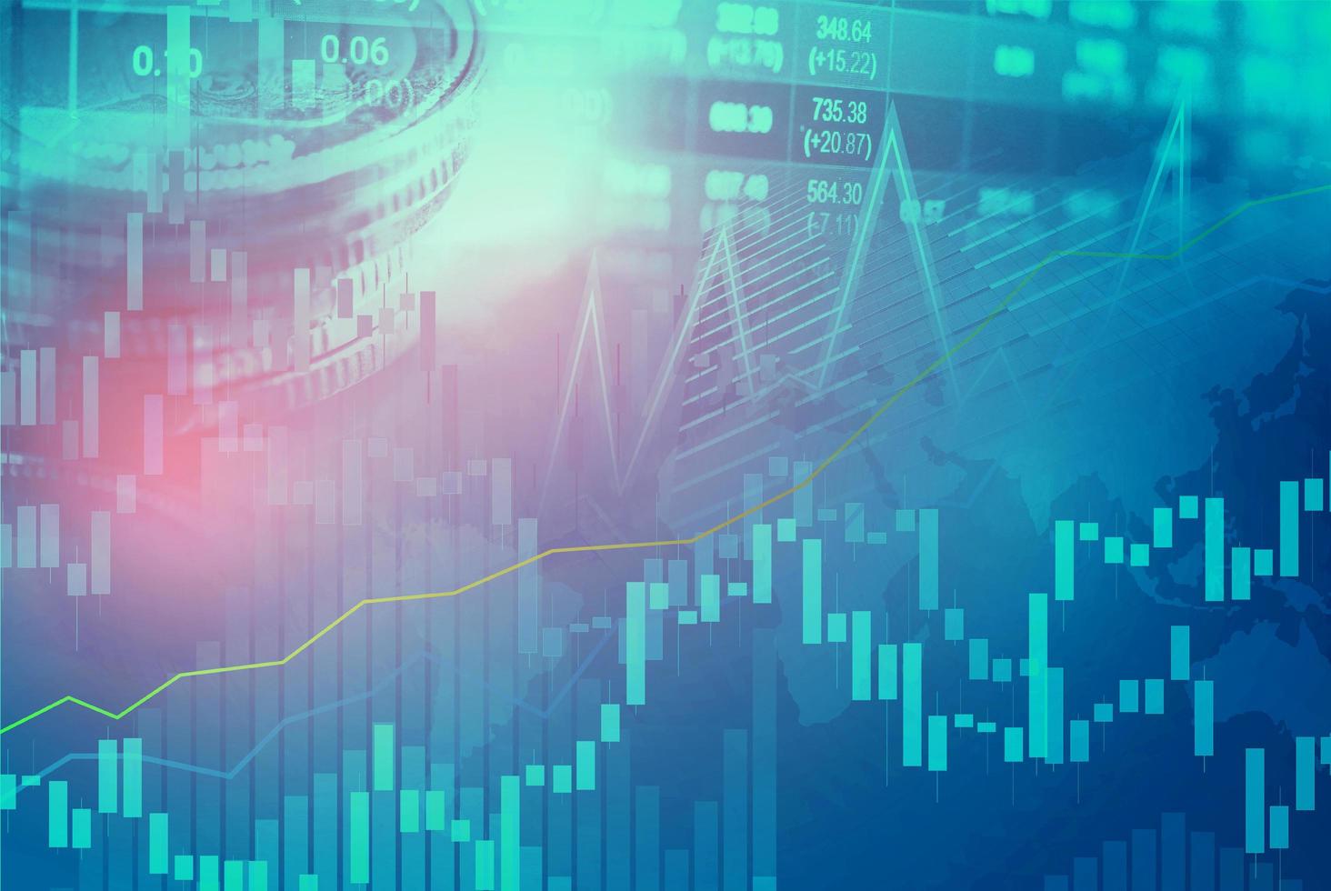 aktiemarknad investering handel finansiella, mynt och diagram diagram eller forex för att analysera vinst finans affärs trend data bakgrund. foto