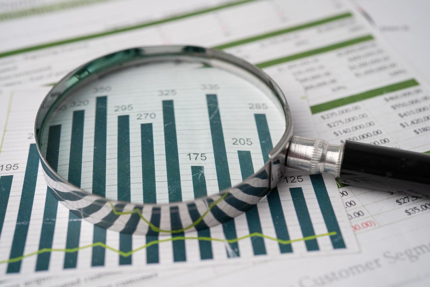 förstoringsglas på diagram diagrampapper. finansiell utveckling, bankkonto, statistik, investeringsanalys, forskningsdataekonomi, börshandel, affärskontorsföretagskoncept. foto