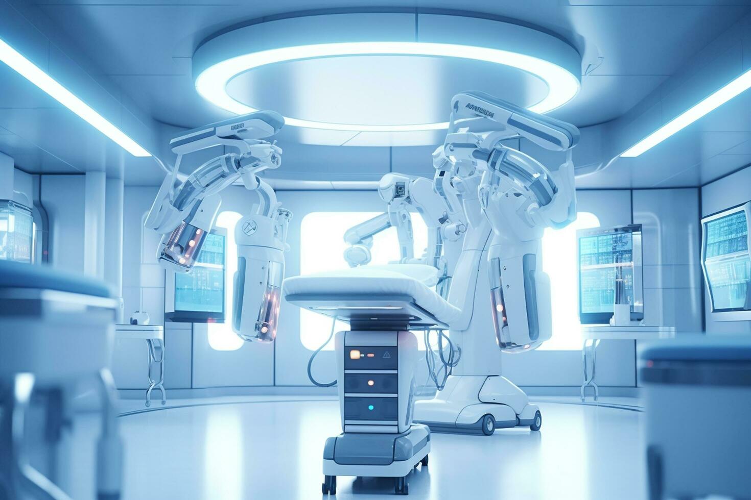 3d tolkning robot arbetssätt i modern rörelse rum med medicinsk Utrustning. ai genererad foto