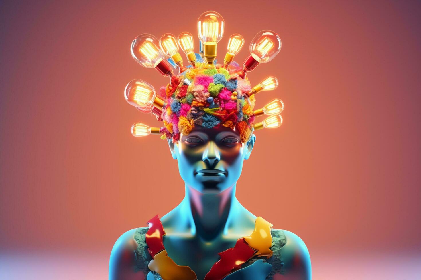 3d tolkning av en kvinna huvud med glödlampor i henne huvud ai genererad foto