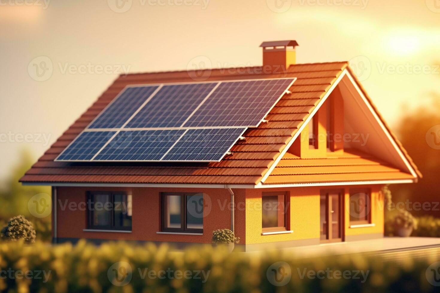 hus med sol- paneler på de tak. alternativ energi källa. 3d illustration. ai genererad foto