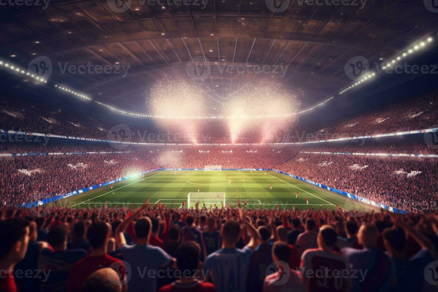 digital fotboll eller fotboll stadion på natt med folkmassan av fans. 3d tolkning ai genererad foto