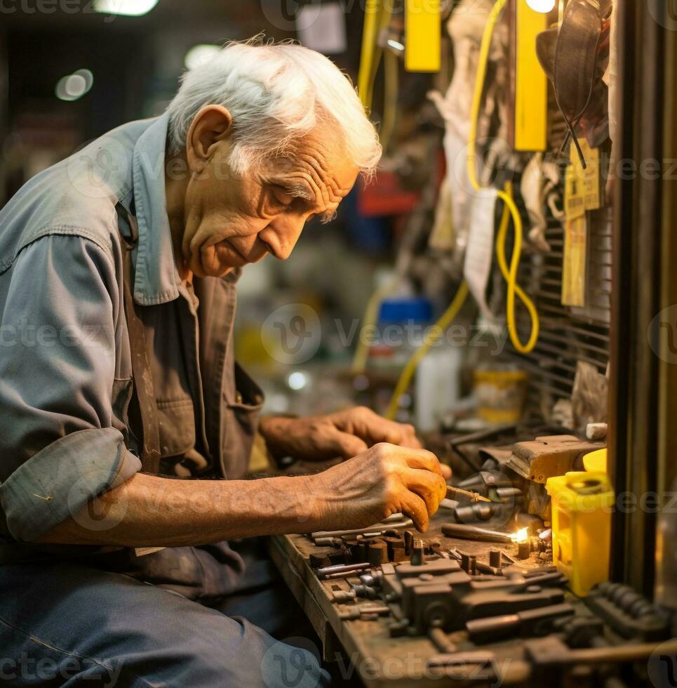 en man arbetssätt på en bit av metall på en hårdvara Lagra, industriell maskineri stock foton