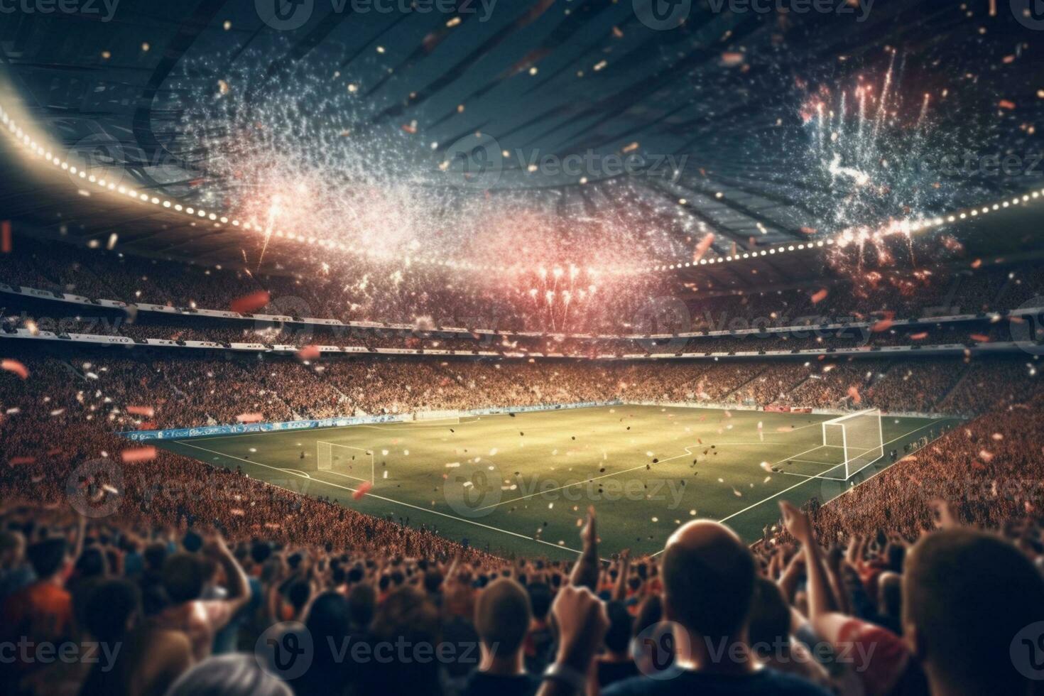 digital fotboll eller fotboll stadion på natt med folkmassan av fans. 3d tolkning ai genererad foto