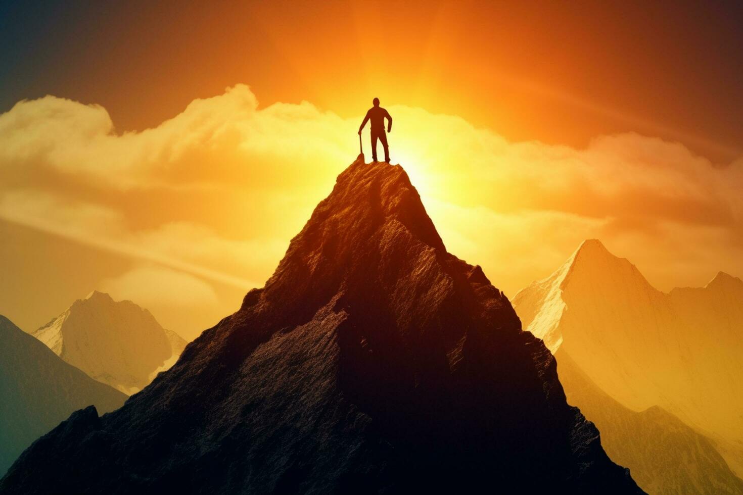 affärsman stående på topp av berg. Framgång och ledarskap begrepp. 3d tolkning ai generativ foto