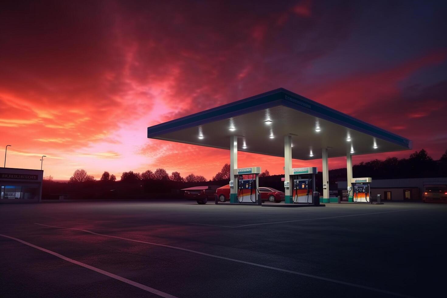 bensin och gas station på solnedgång. ai genererad foto