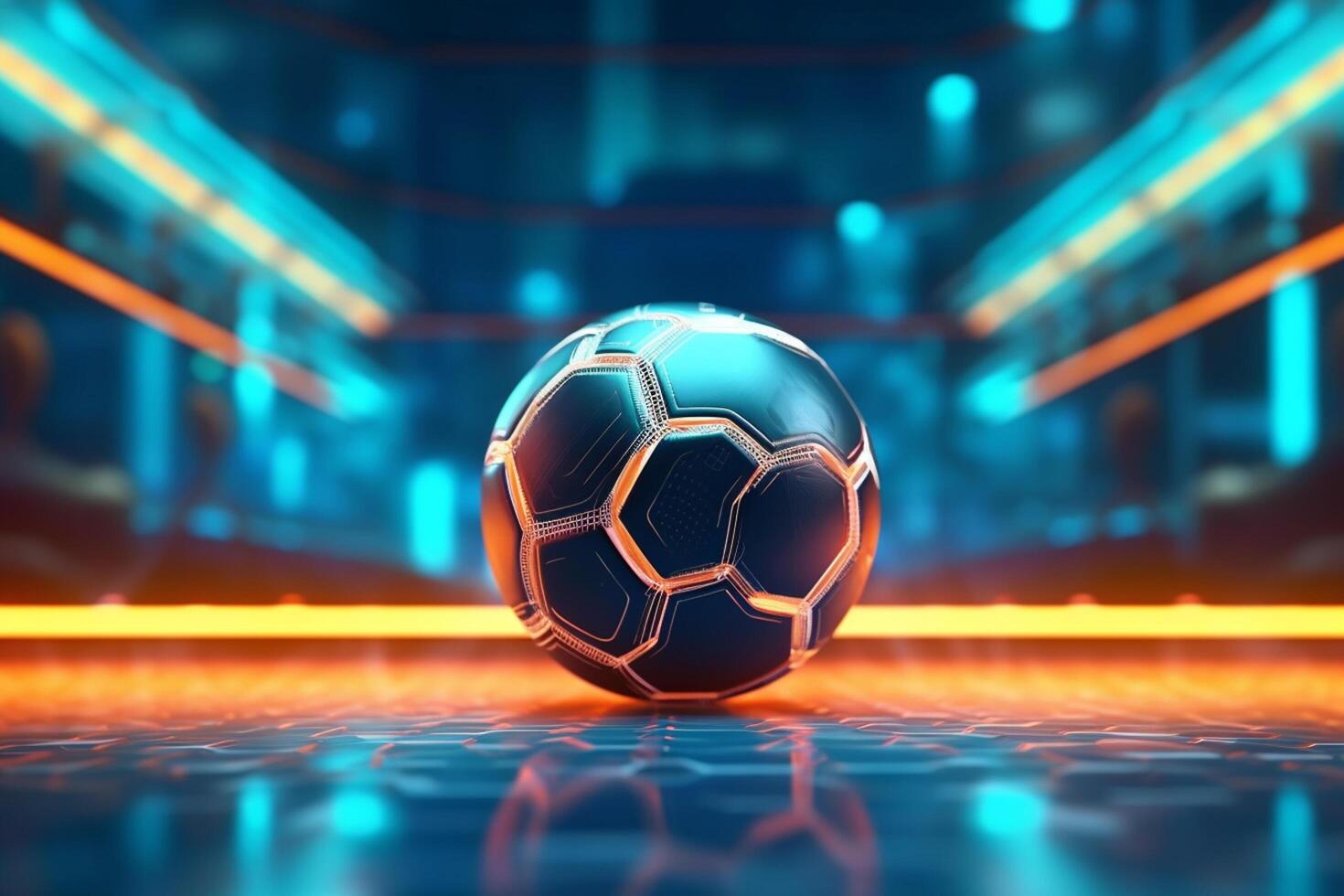 fotboll boll på de bakgrund av neon lampor. 3d illustration ai generativ foto