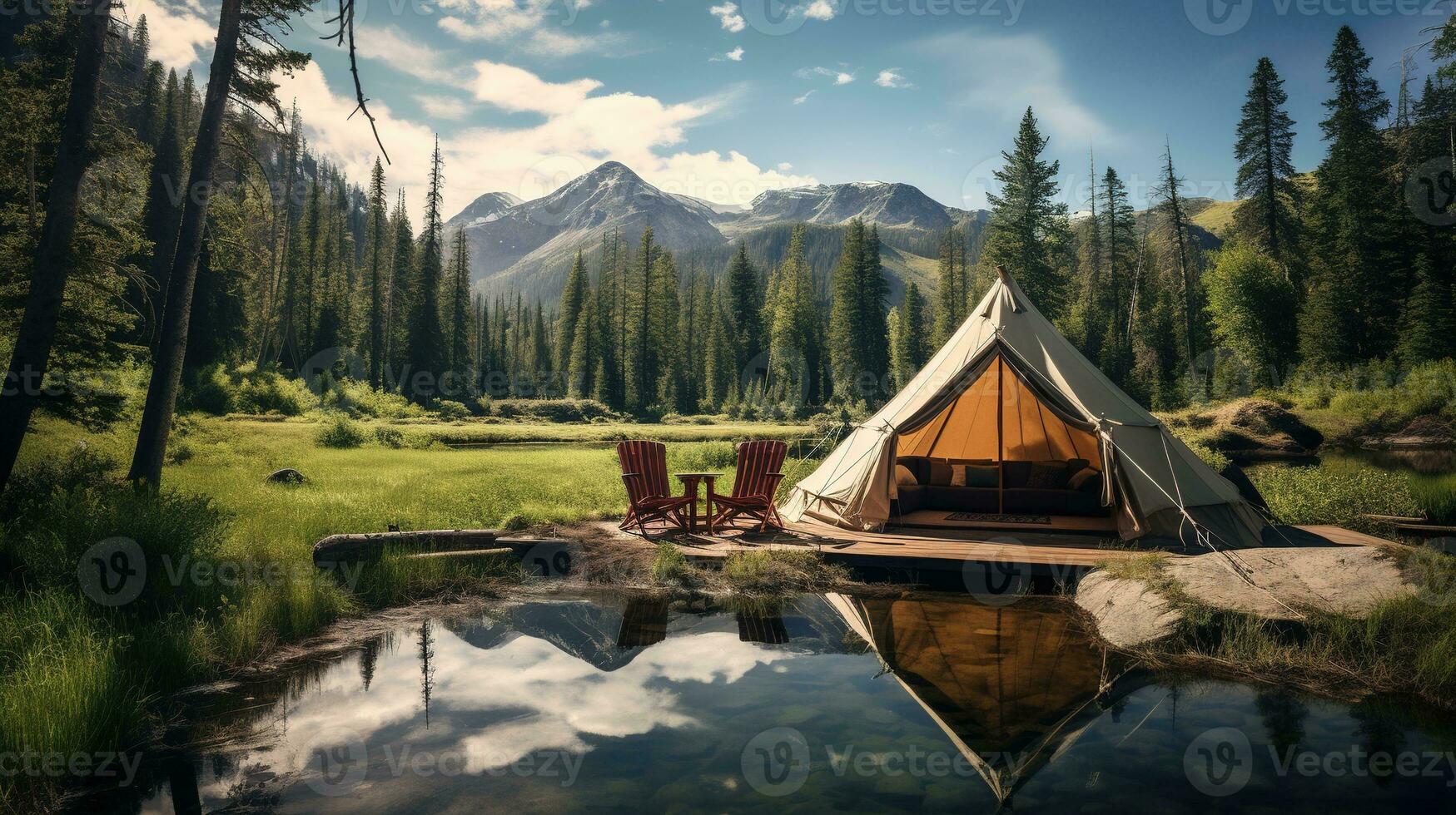 generativ ai, camping utomhus- begrepp nära de sjö eller flod, turist läger på de skön grön landskap med bergen foto