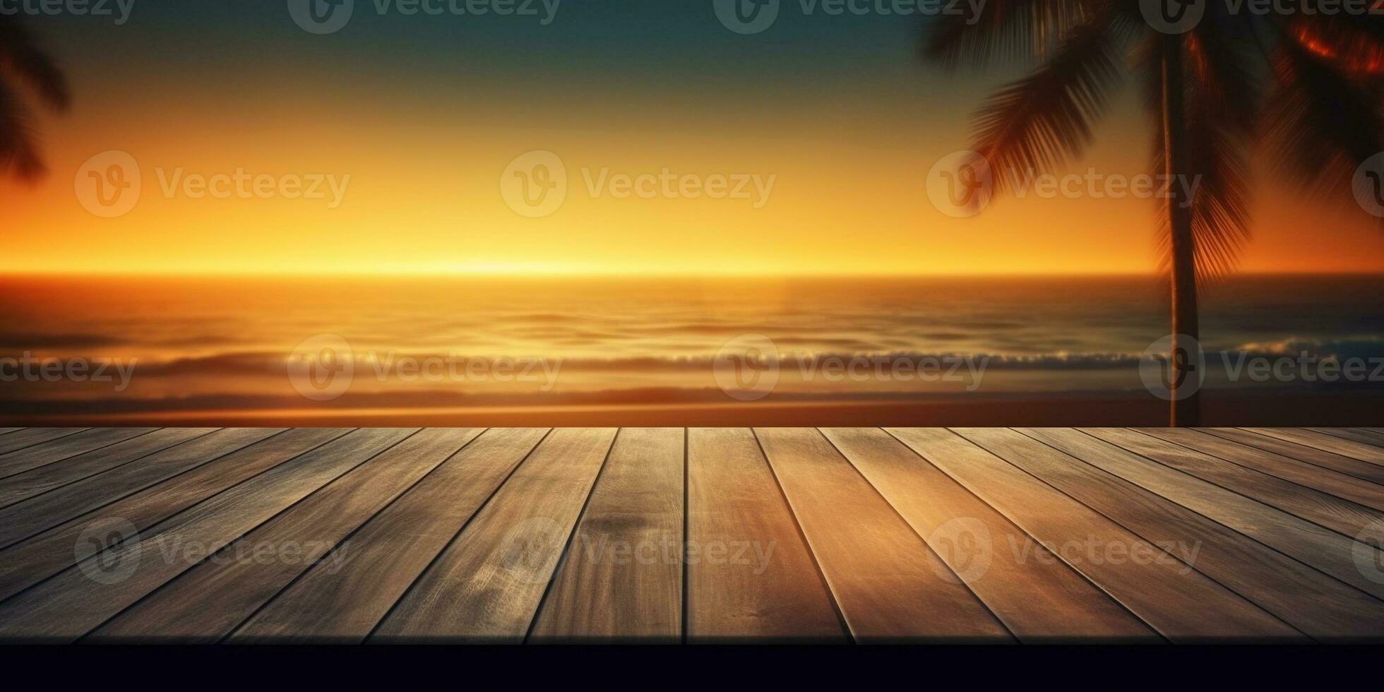 generativ ai, tropisk sommar solnedgång strand bar bakgrund. trä- tabell topp produkt visa monter tömma skede. foto