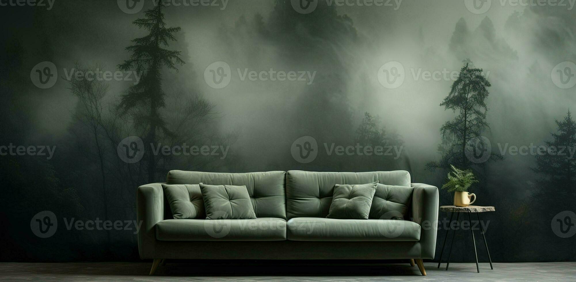 generativ ai, interiör design med soffa, soffa och tapet av gran skog skön landskap i hipster årgång retro stil, dimmig bergen och träd. foto