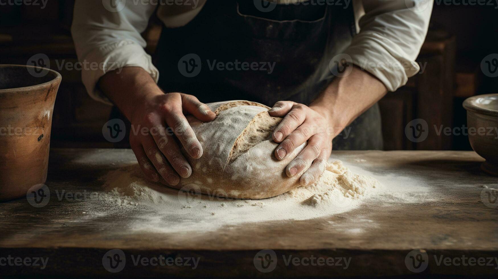 generativ ai, bagare förbereder bröd eller bageri på de Hem kök, ekologiskt naturlig bakverk. foto