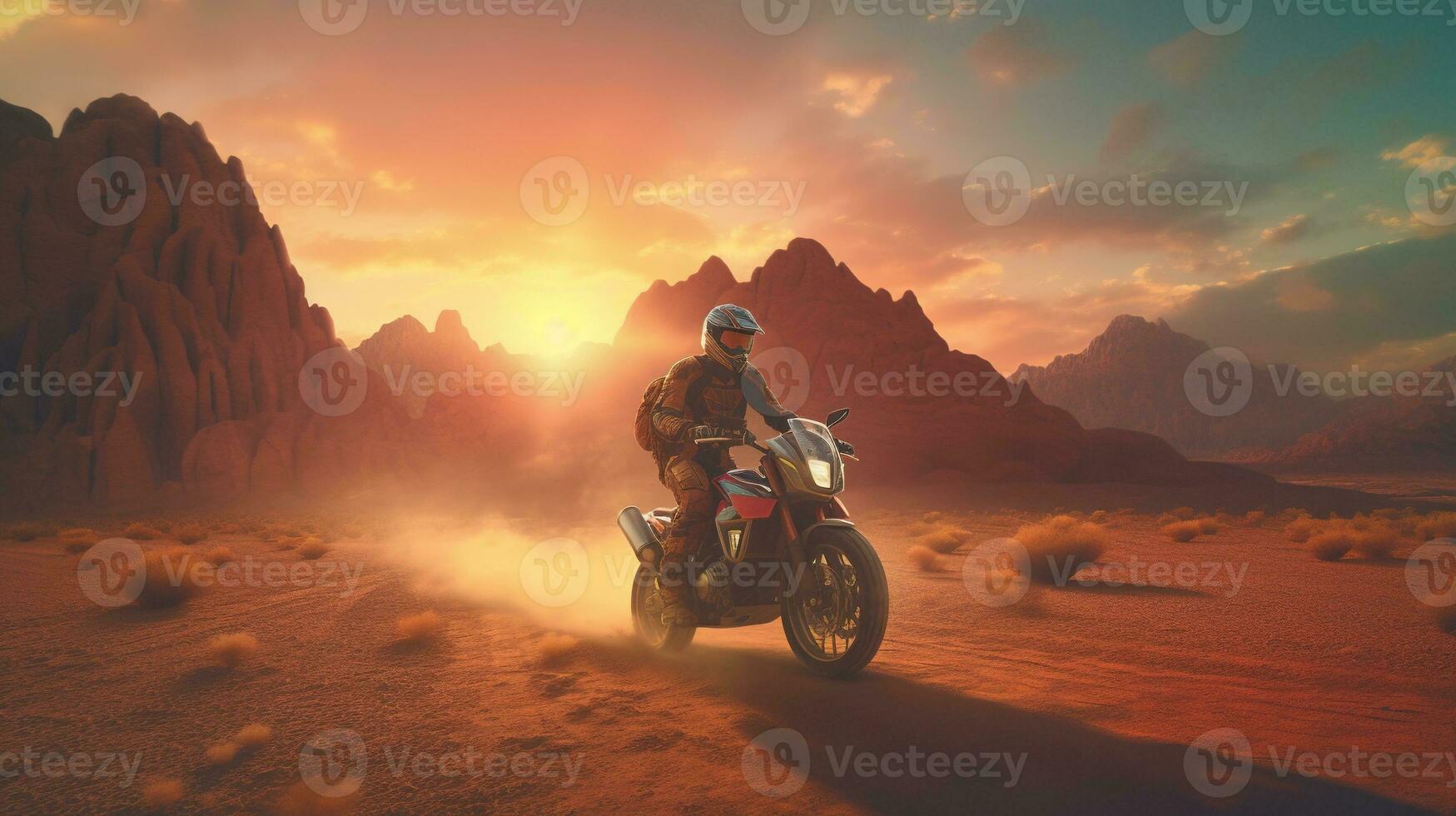 generativ ai, motorcykel ryttare på gata ridning, solnedgång himmel, har roligt körning de tömma motorväg på en motorcykel Turné resa foto