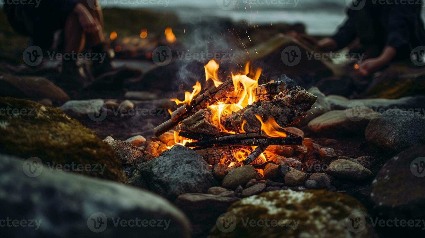 generativ ai, brinnande bål i de kväll, camping utomhus- begrepp i neutral dämpad färger, turist läger foto