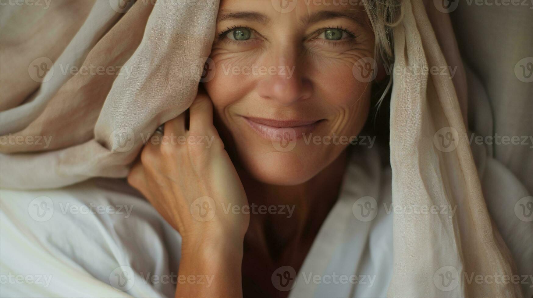 generativ ai, närbild av skön senior leende kvinna, lycka se, estetisk dämpad neutral färger foto