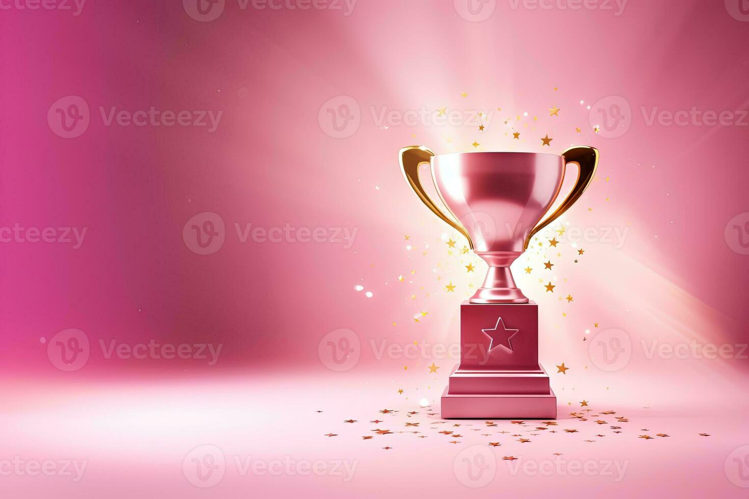 generativ ai, vinnare trofén med lågor, rosa gyllene mästare kopp med faller konfetti på rosa bakgrund foto