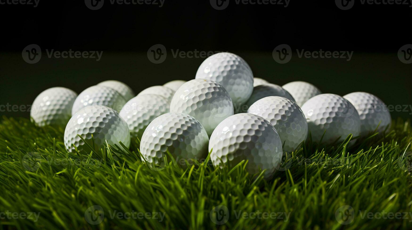 generativ ai, stänga upp golf bollar på grön gräs, golf kurs bakgrund foto