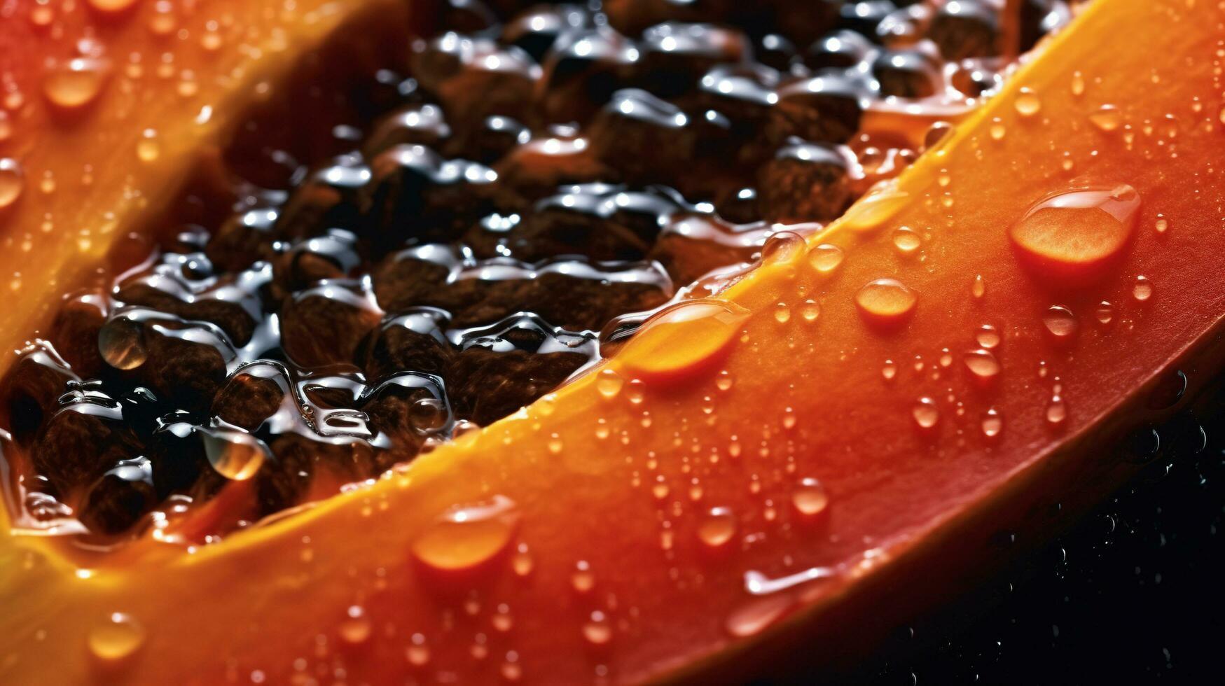 generativ ai, makro färsk halv av papaya frukt bakgrund. tropisk exotisk närbild Foto med droppar