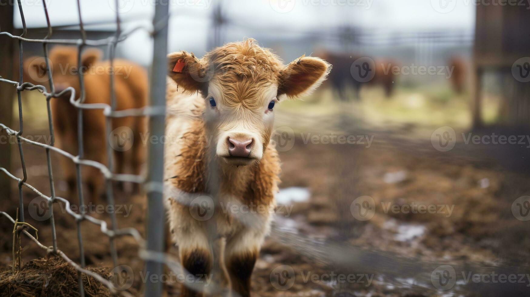 generativ ai, liten kalvar ser på de kamera på en odla, bebis kor foto