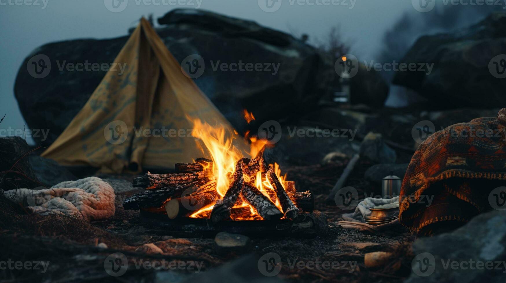 generativ ai, brinnande bål i de kväll, camping utomhus- begrepp i neutral dämpad färger, turist läger foto