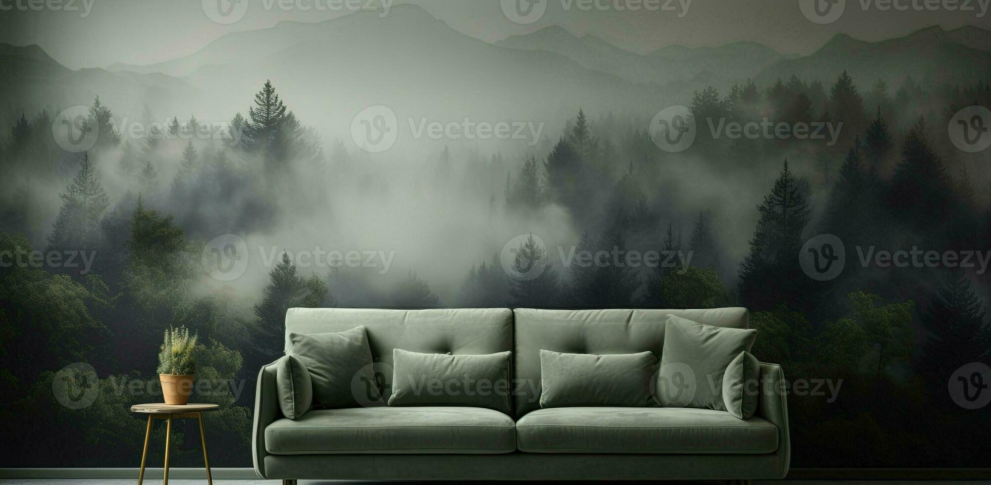generativ ai, interiör design med soffa, soffa och tapet av gran skog skön landskap i hipster årgång retro stil, dimmig bergen och träd. foto