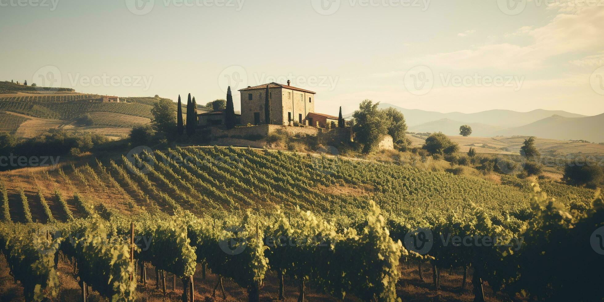 generativ ai, skön italiensk vingård, grön landskap. rader av vinstockar på solnedgång foto