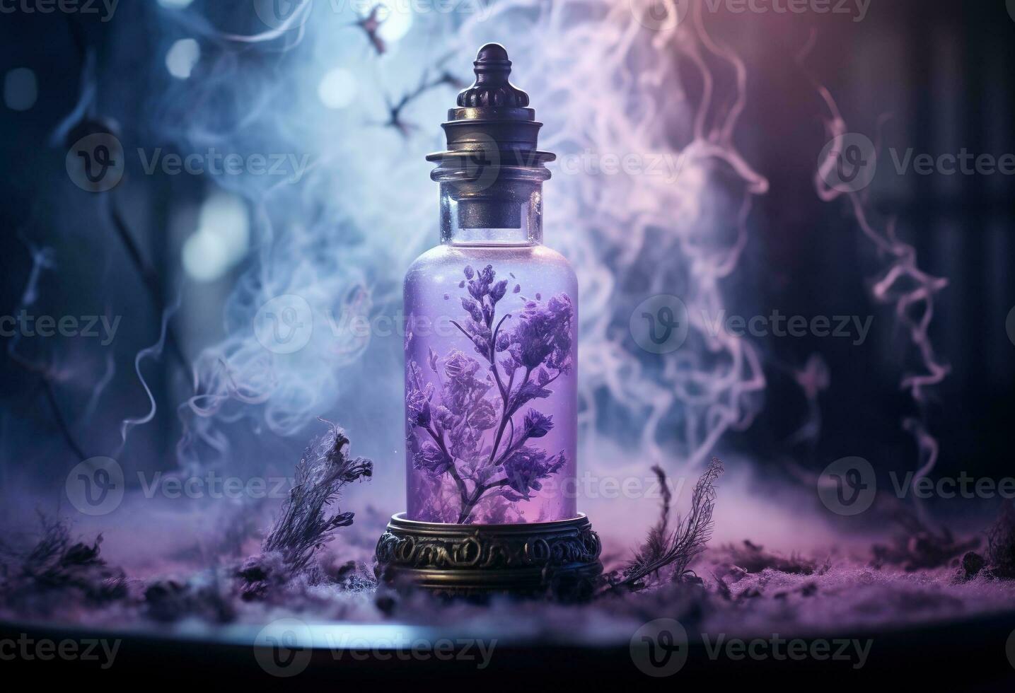 generativ ai, en flaska av grundläggande olja med färsk lavendel- kvistar med rök på mörk bakgrund, ört- olja och blommor foto